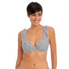 Top de bikini volantes high apex cebreado blanco y negro Jewel Cove de Freya